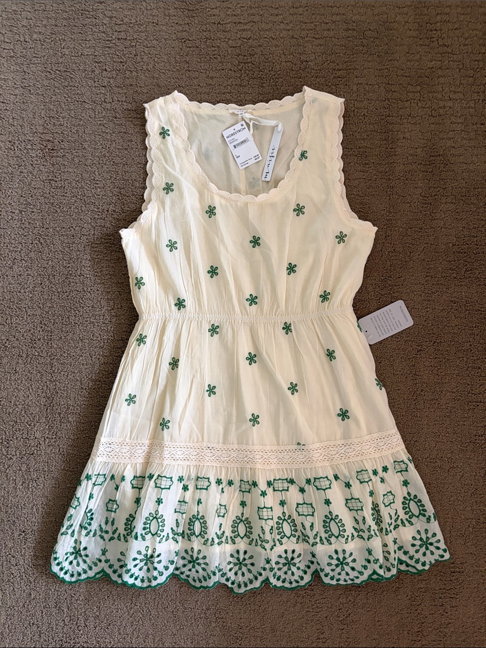 Sleeveless White Cotton Dress with Green Embroidery